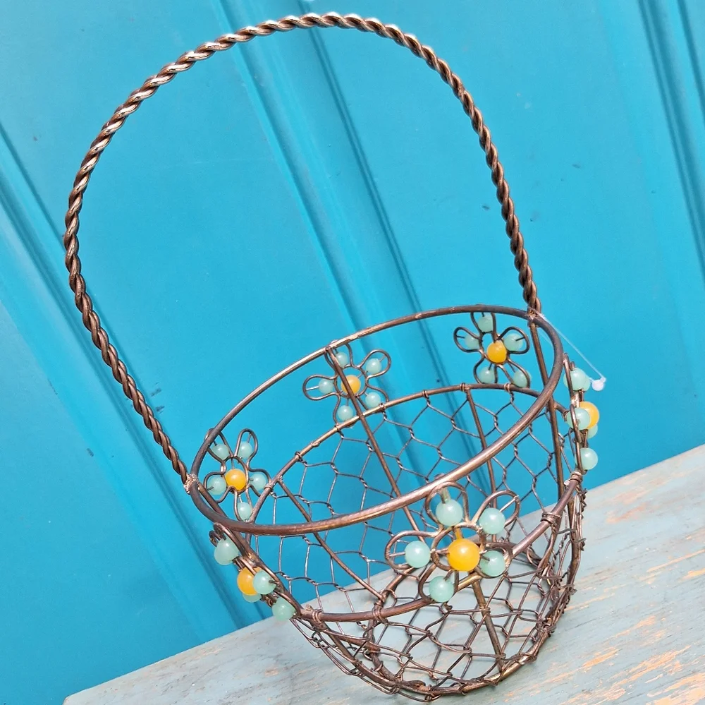 Beaded Easter Basket Silver Metal Woven Steel Aluminum Container w Handle Silver
